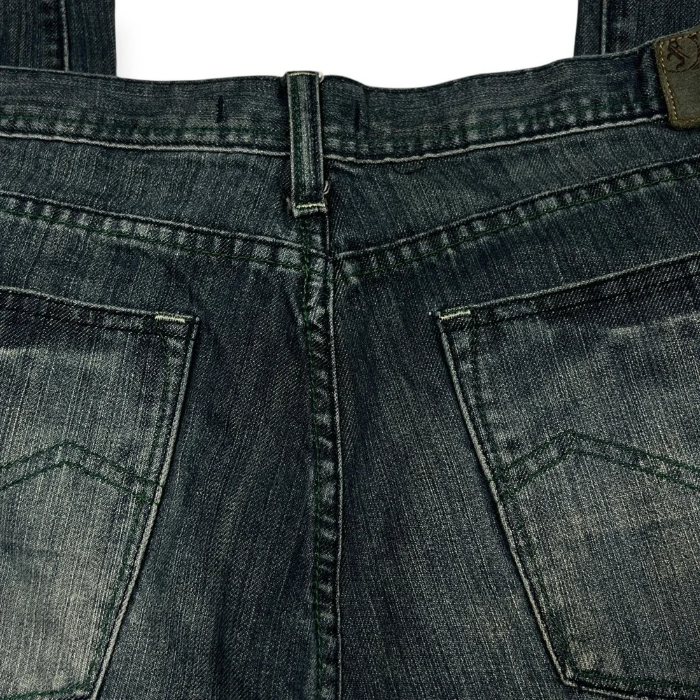 Flypaper‎ Jeans Mens 38x32 Blue Distressed Bootcut Denim Whiskered Green Thread